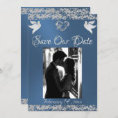 写真、鳩、シルバーハートとグリッター – 青 セーブザデート (正面/裏面)