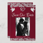 写真、鳩、シルバーハート&グリッター- Burgundy セーブザデート (正面/裏面)