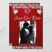 写真、鳩、シルバーハート&グリッター- Crimson Red セーブザデート (正面/裏面)