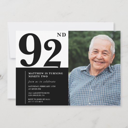 写真 黒と白の92歳の誕生日招待状 招待状 (正面)