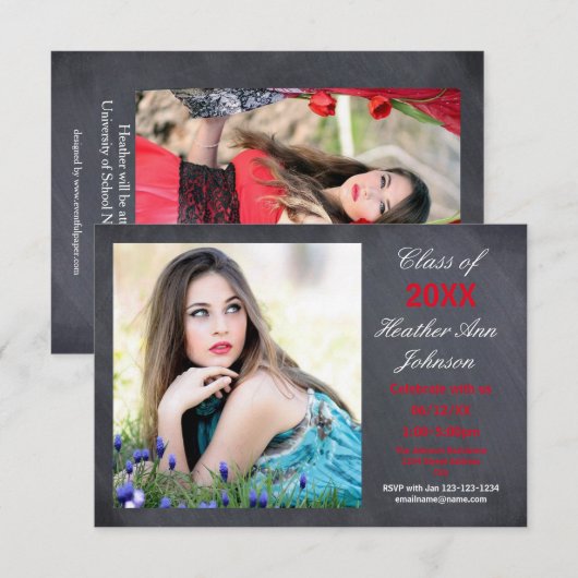 写真 黒板背景 - 3x5 卒業発表 招待状 (正面/裏面)