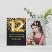 写真 黒 ゴールド キッズ 女の子 12歳 誕生日パーティー 招待状 (スタンド正面)
