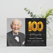 写真 黒 ゴールド 100歳の誕生日招待状 招待状 (スタンド正面)