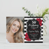 写真 黒 白 ストライプ 赤 シルバー 50歳の誕生日 招待状 (スタンド正面)
