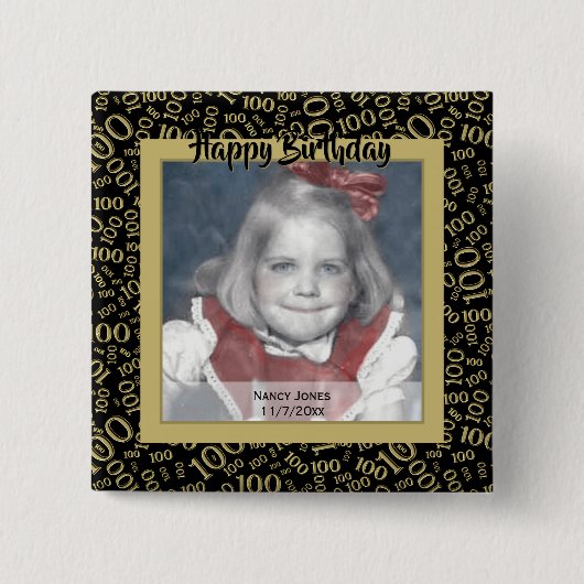 写真: 100番目の数字パターン金ゴールドと黒 缶バッジ (正面)