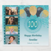 写真, 100誕生日ティール(緑がかった色)ブルーグリッターシャンパン スパークリングワインラベル (シングルラベル)