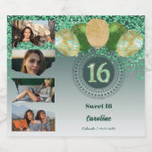 写真， 16誕生日グリーングリッターシャンパン スパークリングワインラベル (シングルラベル)