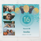 写真， 16誕生日ティール（緑がかった色）ブルーグリッターシャンパン スパークリングワインラベル (シングルラベル)