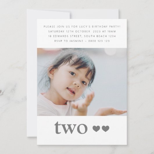 写真 2歳の誕生日パーティー ハート 招待状 (正面)