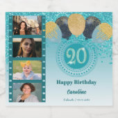 写真、20誕生日ティール（緑がかった色）ブルーグリッターシャンパン スパークリングワインラベル (シングルラベル)