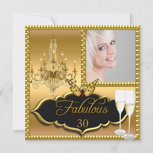 写真 30歳の誕生日パーティー エレガントなゴールドの蝶 招待状 (正面)
