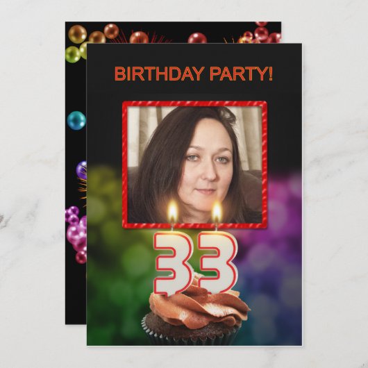 写真、33歳の誕生日パーティーの招待状の追加 招待状 (正面/裏面)