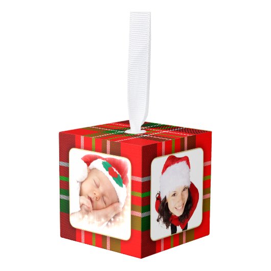写真、4つのクリスマスタータンチェック写真フレーム キューブオーナメント (正面アングル)