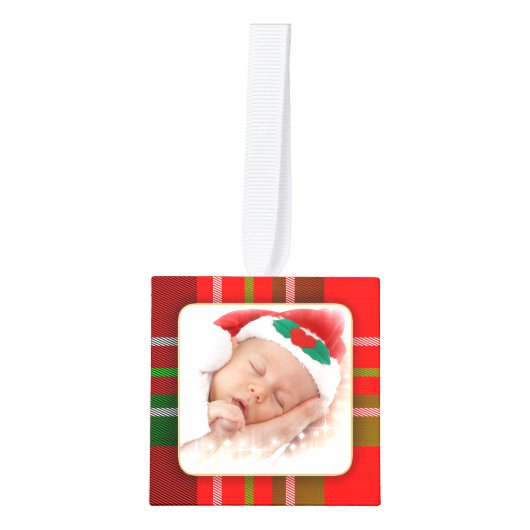 写真、4つのクリスマスタータンチェック写真フレーム キューブオーナメント (正面)