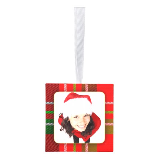 写真、4つのクリスマスタータンチェック写真フレーム キューブオーナメント (右)