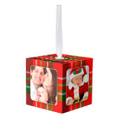 写真、4つのクリスマスタータンチェック写真フレーム キューブオーナメント (裏面アングル)