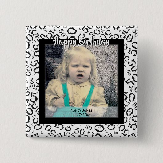 写真： 50番目の数値パターン白黒 缶バッジ (正面)