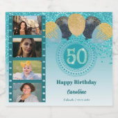 写真、50誕生日ティール(緑がかった色)ブルーグリッターシャンパン スパークリングワインラベル (シングルラベル)