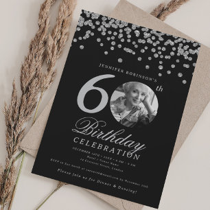 写真 60歳 誕生日 銀 コンフェッティ シャンパン ブラック 招待状