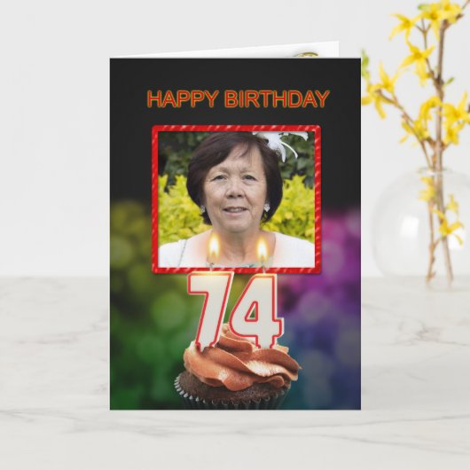 写真、74番目の誕生日カードとキャンドルの追加 カード (黄色い花)