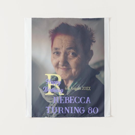 写真 80歳 誕生日 名前 日付 現代 紫色 追加 タペストリー (正面)