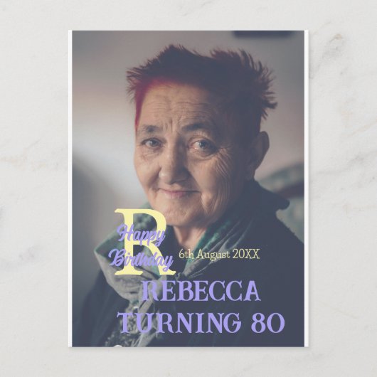 写真 80歳 誕生日 名前 日付 現代 紫色 追加 ポストカード (正面)