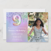 写真 9歳のパープルピンクグリッター誕生日パーティー 招待状 (正面)