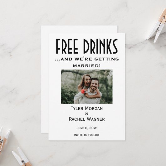 写真「Free Drinks」日付の保存 招待状 (正面/裏面インサイチュ)