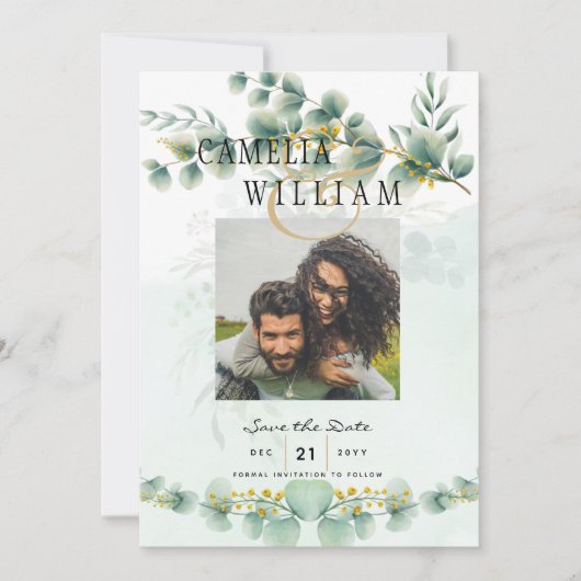 写真Eualuptusの日付を保存する金ゴールド モダン 招待状 (正面)