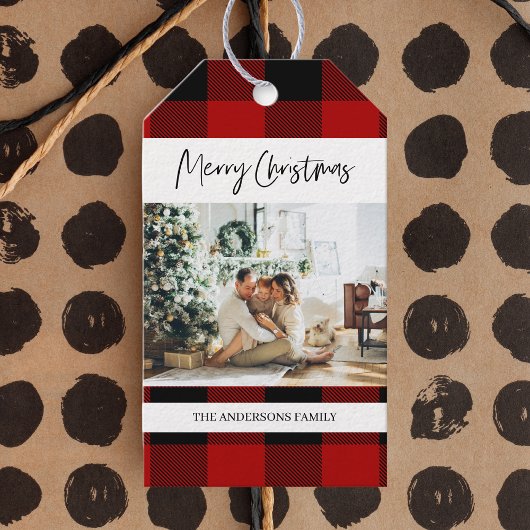 写真Gifと赤バッファロープレイド&メリークリスマス ギフトタグ