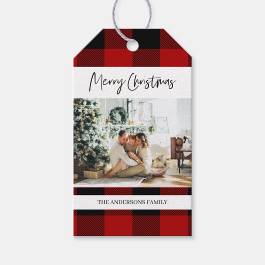 写真Gifと赤バッファロープレイド&メリークリスマス ギフトタグ (正面)