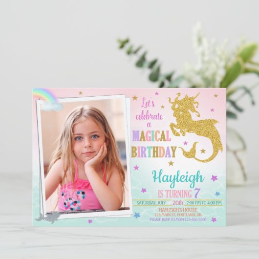 写真Mermicorn誕生日の招待Mericornの女の子 招待状 (スタンド正面)