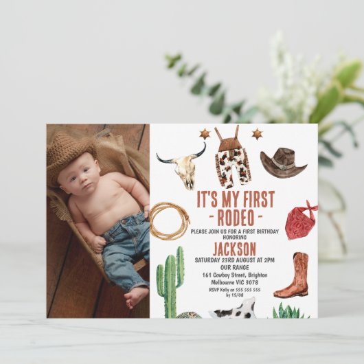 写真My First Rodeo Cowboy 1st Birday 招待状 (スタンド正面)