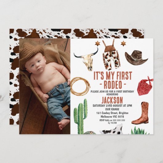 写真My First Rodeo Cowboy 1st Birday 招待状 (正面/裏面)