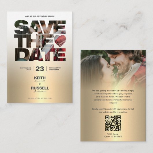 写真QRのWebサイト結婚金ゴールドの保存 エンクロージャーカード (正面/裏面)