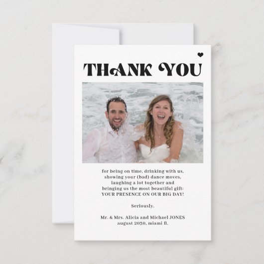 写真QRコードはっきりしたタイポグラフィ結婚の サンキューカード (正面)