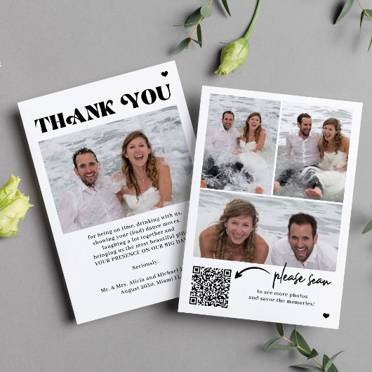 写真QRコードタイポグラフィ結婚のサンキューカード 招待状