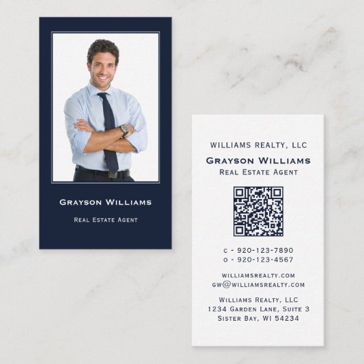 写真QRコードネイビーブルー実在エステート名刺 名刺 (正面/裏面)
