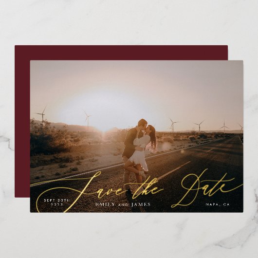 写真QRコードバーガンディ&金ゴールド秋書道 箔招待状 (正面/裏面)