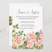 写真QRコード赤面ピンクボタニカル結婚ズ 招待状 (正面/裏面)