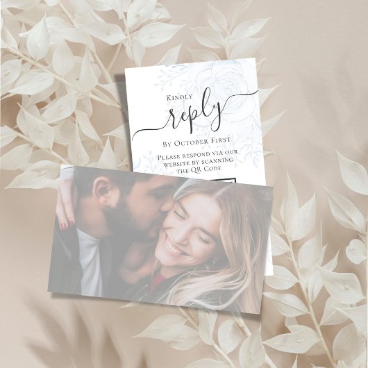 写真QRコードRSVPオンライン青フローラ エレガント エンクロージャーカード