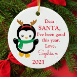 写真Santa I've Good Penguin Christmas Ceram セラミックオーナメント<br><div class="desc">このサンタメッセージオーナメントは、かわいいフェスティバルペンギンデザインを備えている。名前、年、背中に写真を付けてパーソナライズ。</div>