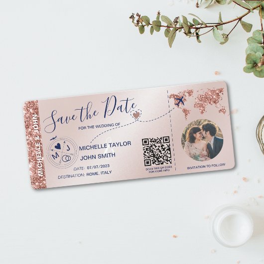 写真Save the Date Boarding Pass World Map QR 招待状