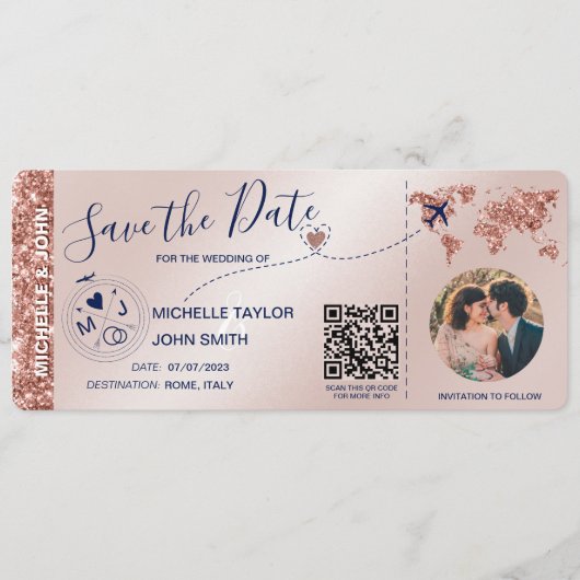 写真Save the Date Boarding Pass World Map QR 招待状 (正面)