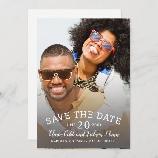 写真Save the Date Card モダン Writechnologue Script 招待状 (正面/裏面)