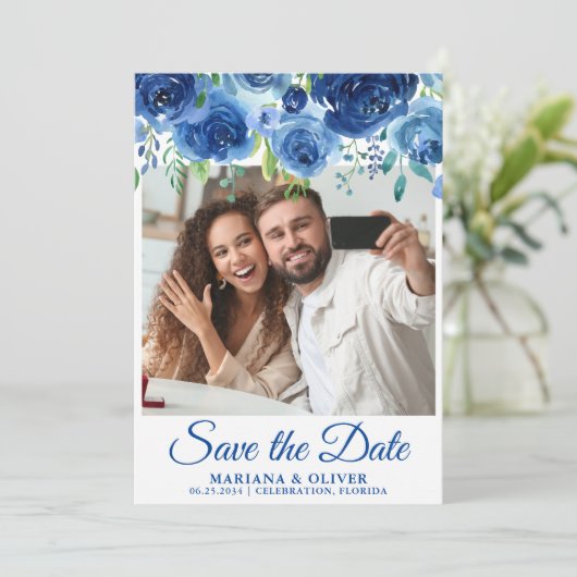 写真Save the Date Card Navy Blueフローラ 招待状 (スタンド正面)