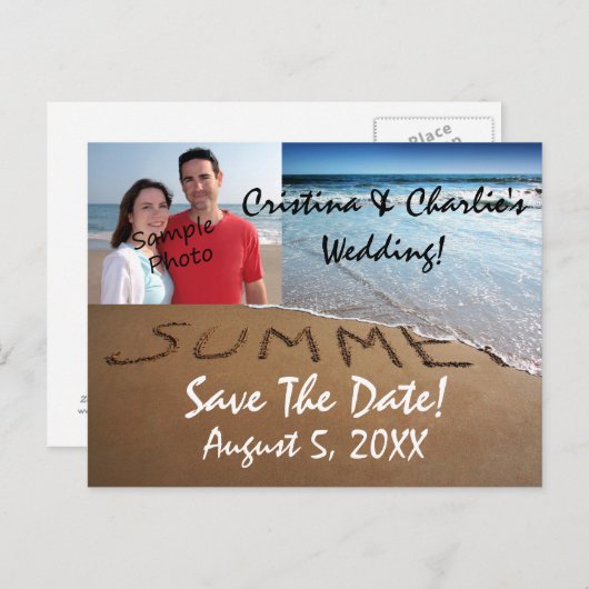 写真Save The Date Summerビーチ結婚式はがき 案内ポストカード (正面/裏面)