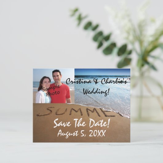 写真Save The Date Summerビーチ結婚式はがき 案内ポストカード (スタンド正面)