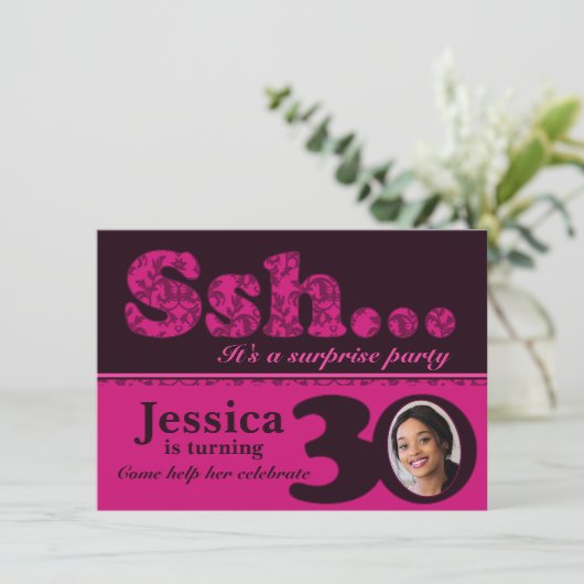 写真sshサプライズピンク30th誕生日招待状 招待状 (スタンド正面)