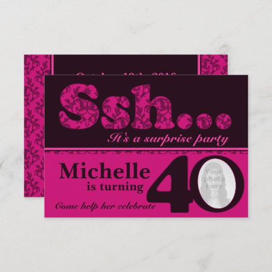 写真sshサプライズピンク40th誕生日招待状 招待状 (正面/裏面)